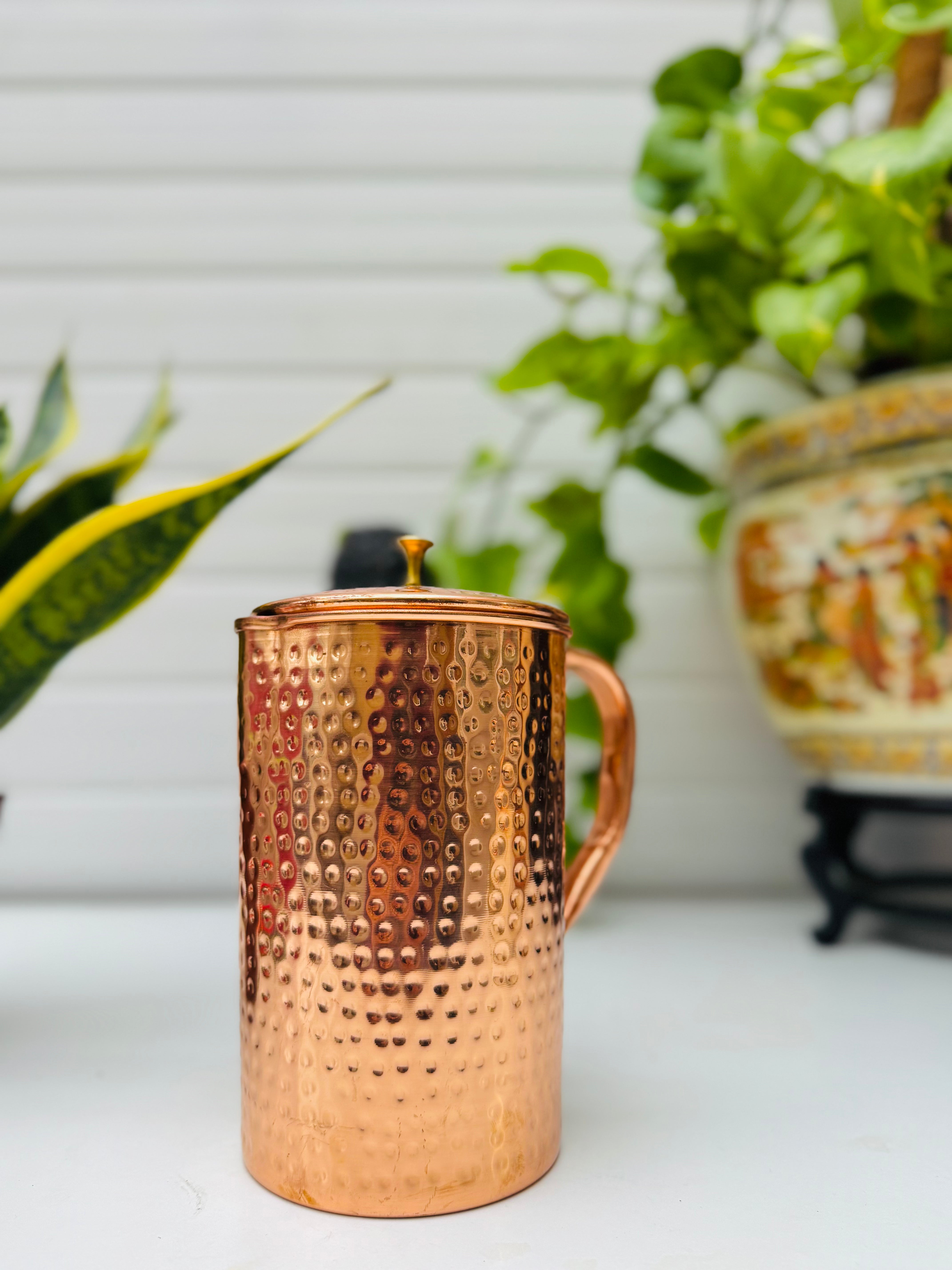 Pure Copper Jug Embossed -2.2 L- with 2 Glasses