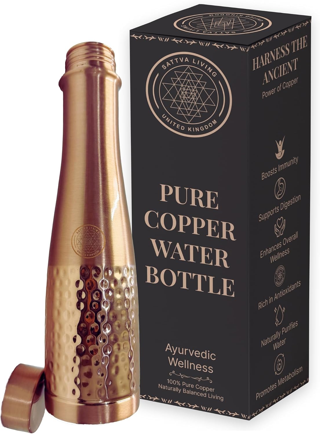 Aqua Modada Hammered Pure Copper Water Bottle | 100% Genuine Copper | Hammered Finish | Leak-Proof Screw Cap | Ayurvedic Wellness | 800 ml
