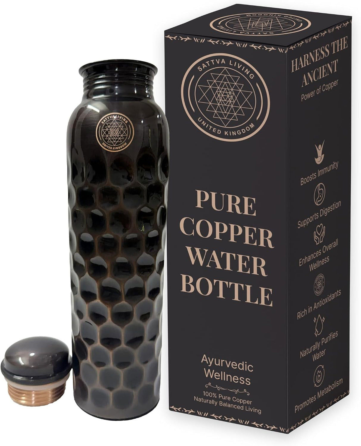 Honeycomb Noir Pure Copper Water Bottle | 100% Genuine Copper | Diamond-Cut Honeycomb Texture | Black Antique Finish | Ayurvedic Wellness | 1 Litre