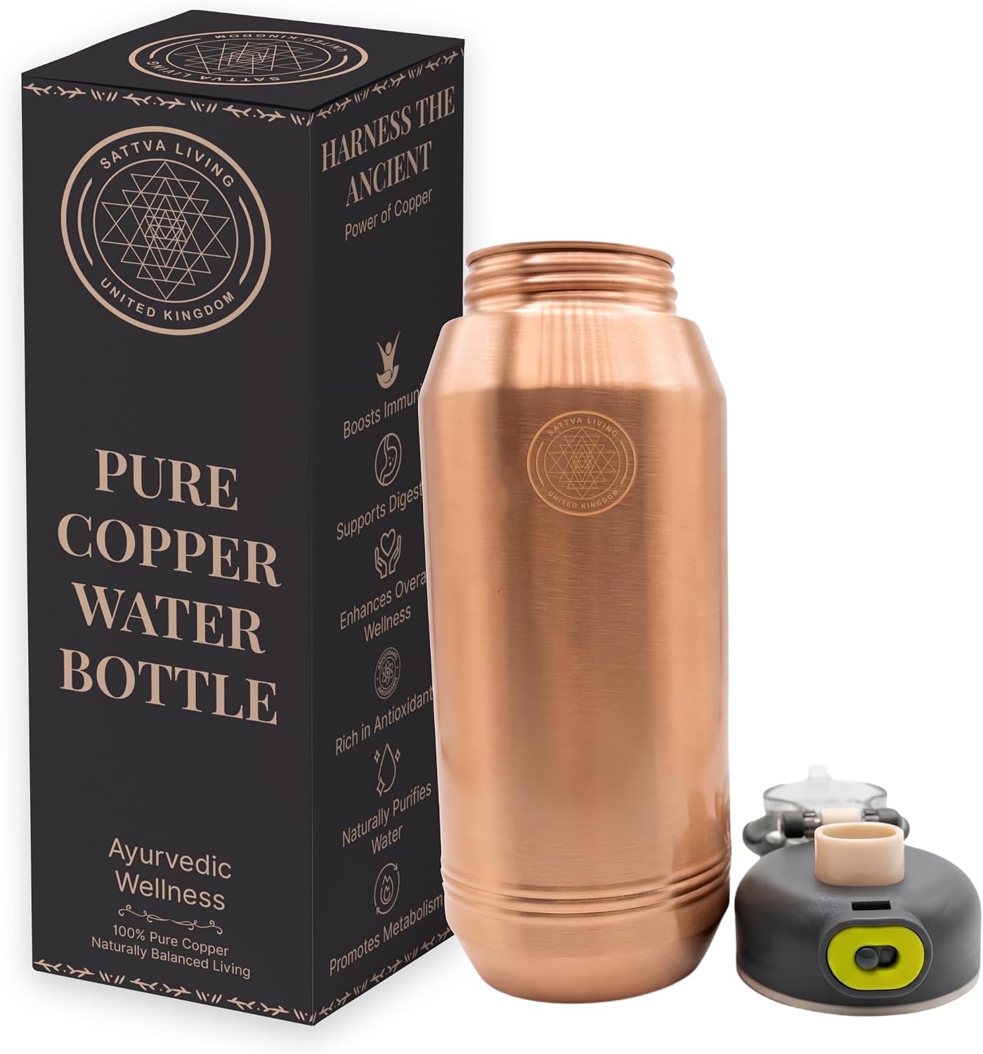 Hydra Active Pure Copper Bottle | 100% Genuine Copper | Sleek Polished Finish | Sports Flip-Cap | Ayurvedic Wellness | 900 ml