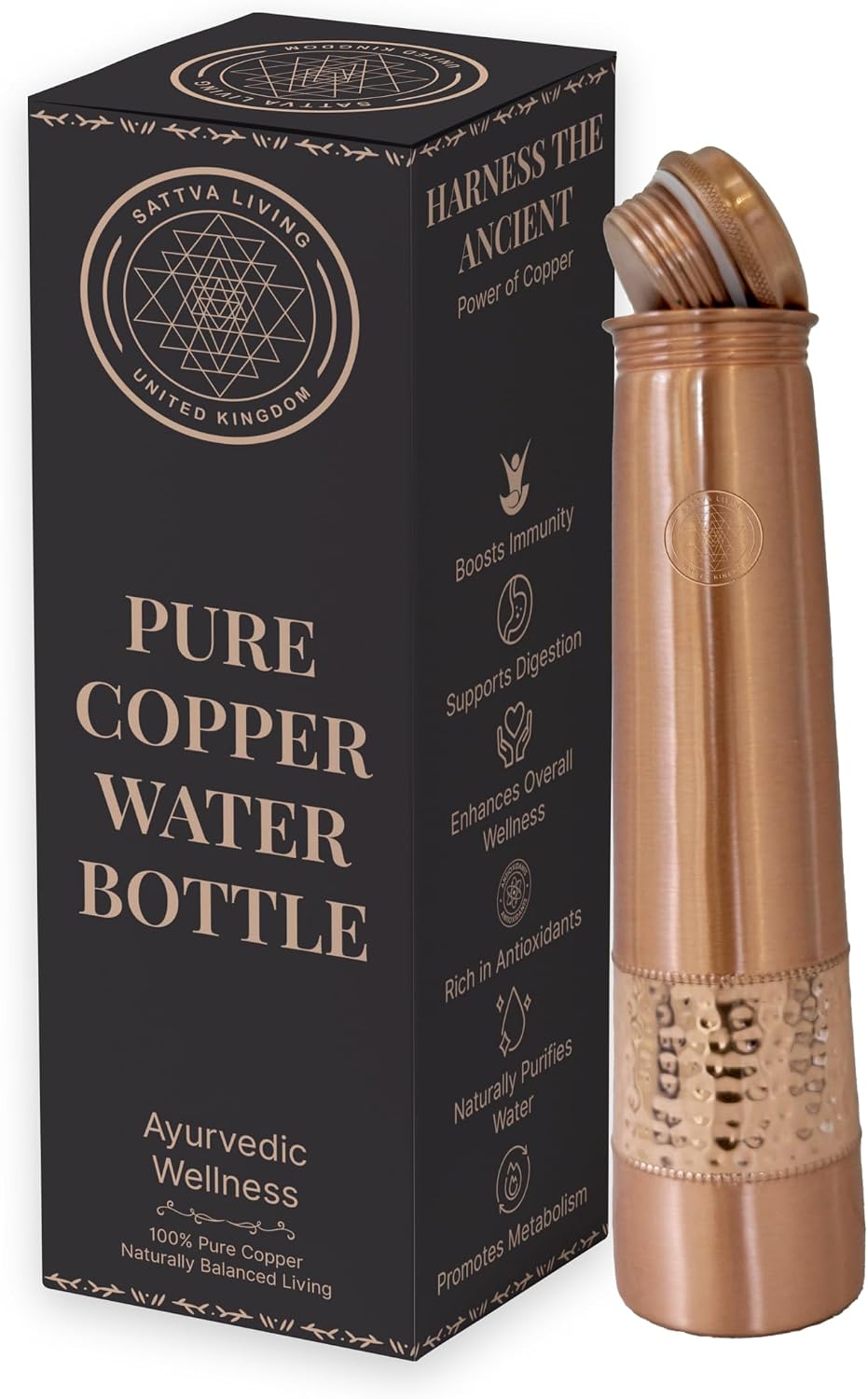 Pure Copper Water Bottle | 100% Genuine Copper | Always in Style - Hammered Finish | Leak-Proof Screw Cap | Ayurvedic Wellness | 1 Litre