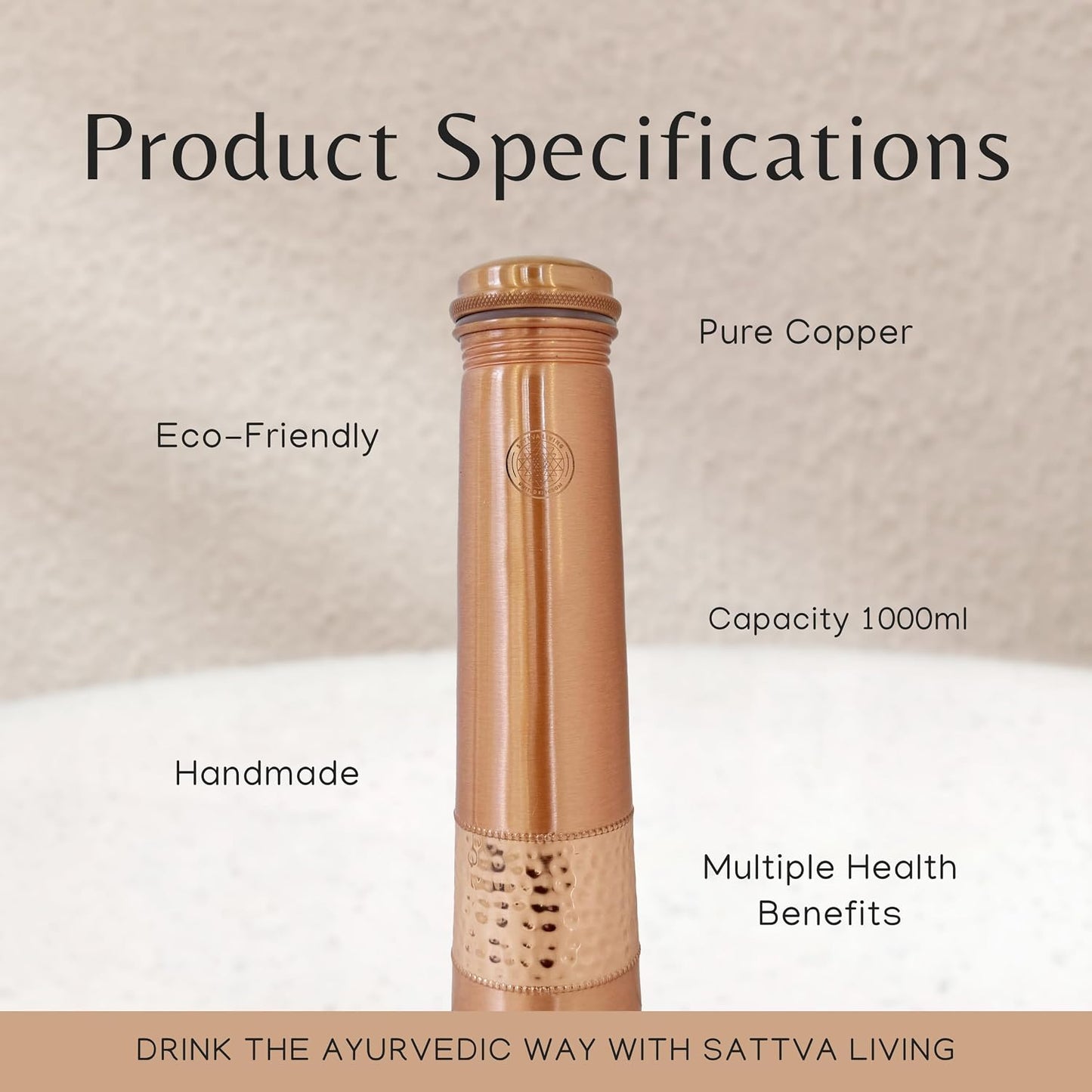 Pure Copper Water Bottle | 100% Genuine Copper | Always in Style - Hammered Finish | Leak-Proof Screw Cap | Ayurvedic Wellness | 1 Litre