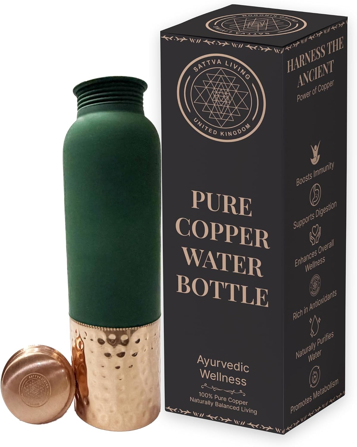 Pure Copper Water Bottle – 100% Genuine Copper | Royal Sage | Leak-Proof Screw Cap | Ayurvedic Wellness | 1 Litre