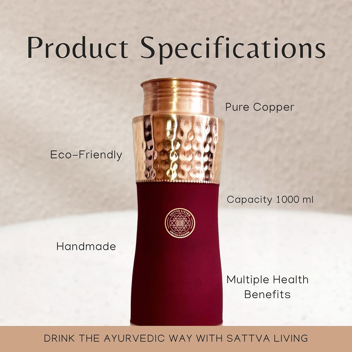 Pure Copper Water Bottle | 100% Genuine Copper | Silk Red Scandle