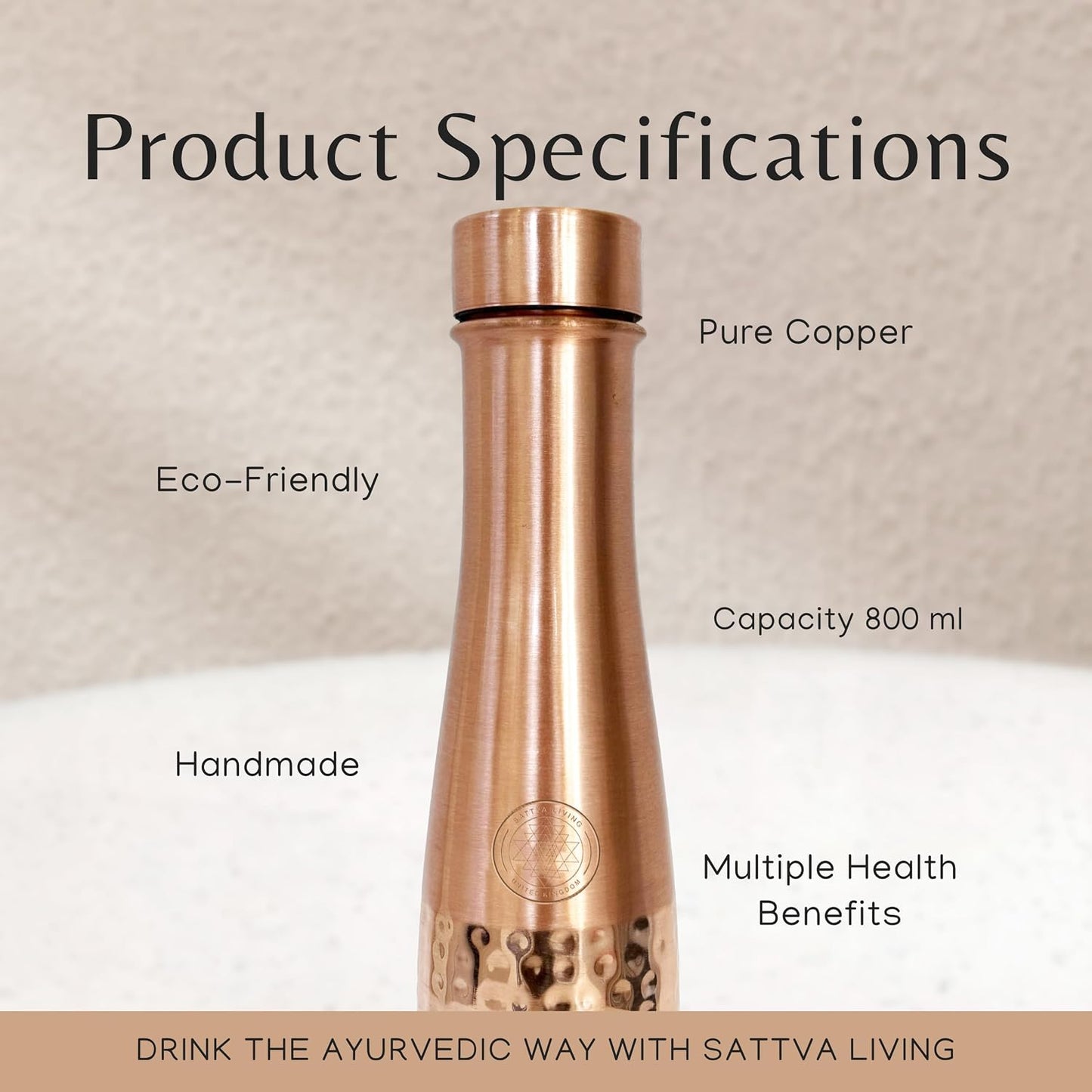 Aqua Modada Hammered Pure Copper Water Bottle | 100% Genuine Copper | Hammered Finish | Leak-Proof Screw Cap | Ayurvedic Wellness | 800 ml