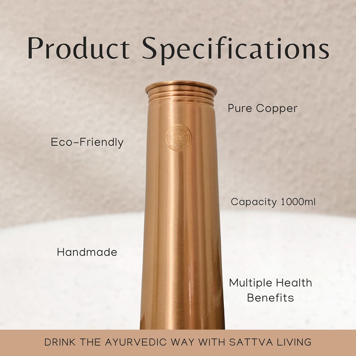 Pure Copper Water Bottle | 100% Genuine Copper | Always in Style - Smooth Polished Finish | Leak-Proof Screw Cap | Ayurvedic Wellness | 1 Litre