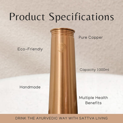 Pure Copper Water Bottle | 100% Genuine Copper | Always in Style - Smooth Polished Finish | Leak-Proof Screw Cap | Ayurvedic Wellness | 1 Litre