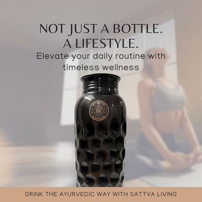 Honeycomb Noir Pure Copper Water Bottle | 100% Genuine Copper | Diamond-Cut Honeycomb Texture | Black Antique Finish | Ayurvedic Wellness | 1 Litre