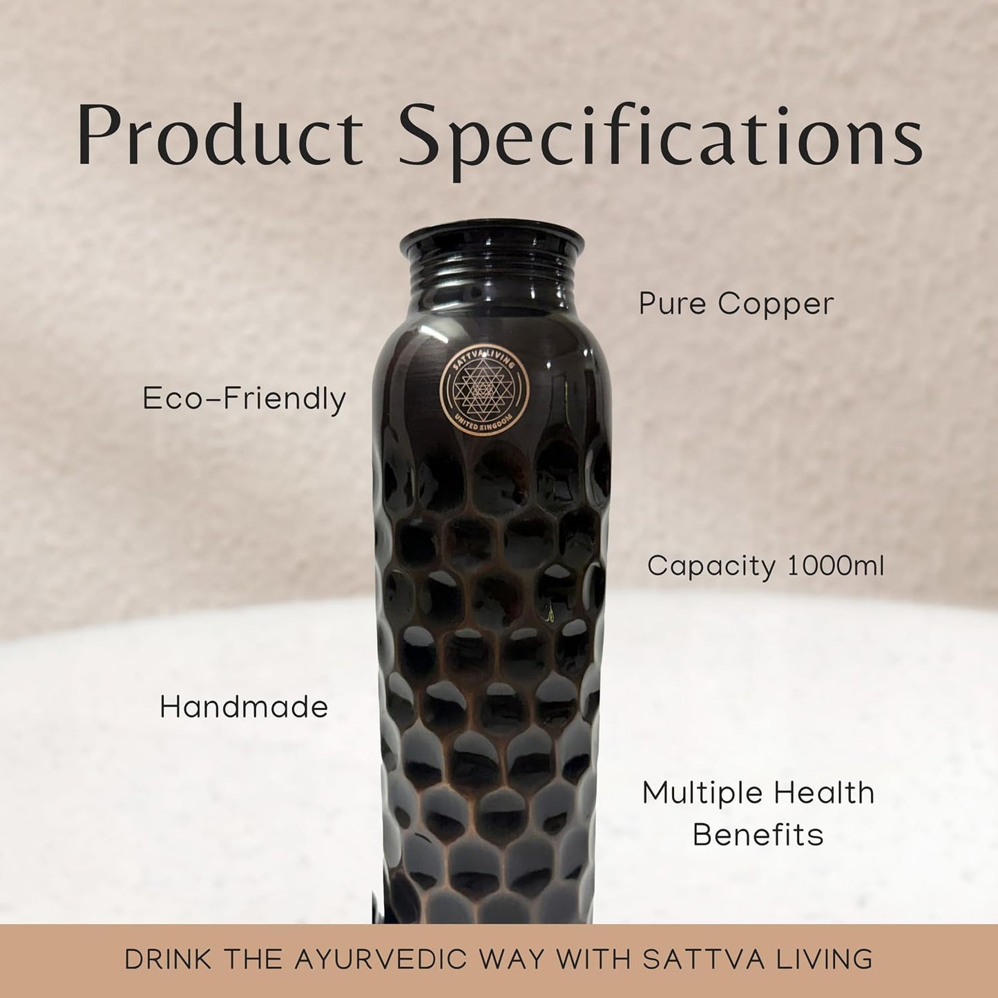 Honeycomb Noir Pure Copper Water Bottle | 100% Genuine Copper | Diamond-Cut Honeycomb Texture | Black Antique Finish | Ayurvedic Wellness | 1 Litre