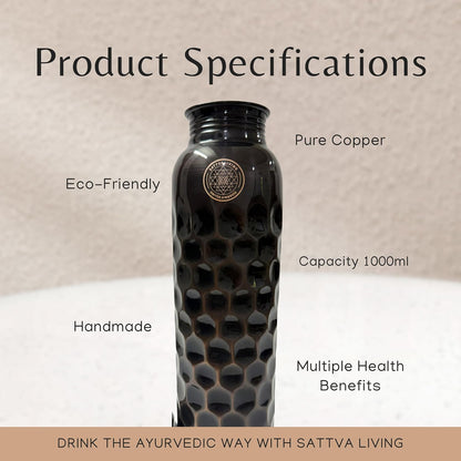 Honeycomb Noir Pure Copper Water Bottle | 100% Genuine Copper | Diamond-Cut Honeycomb Texture | Black Antique Finish | Ayurvedic Wellness | 1 Litre