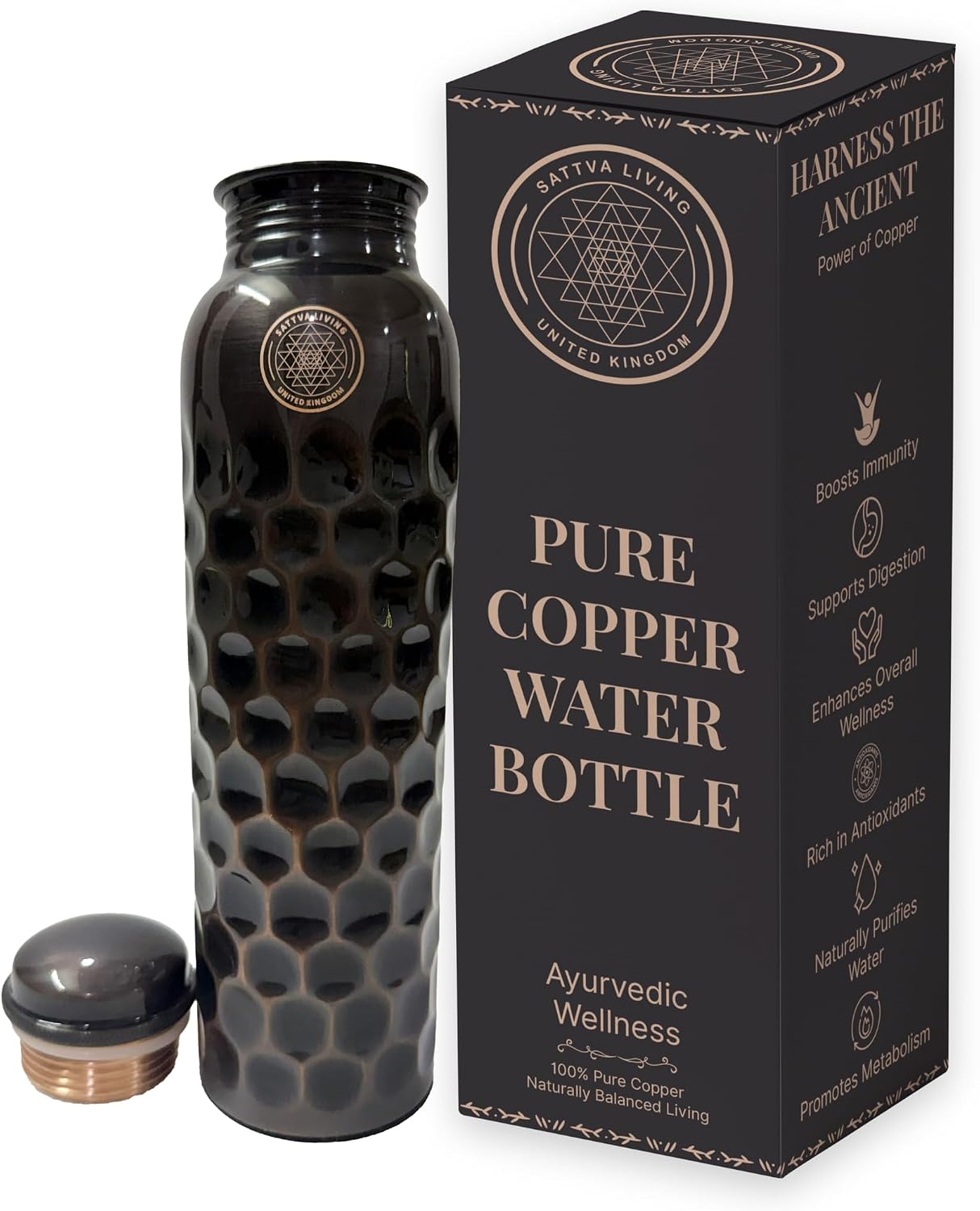 Honeycomb Noir Pure Copper Water Bottle | 100% Genuine Copper | Diamond-Cut Honeycomb Texture | Black Antique Finish | Ayurvedic Wellness | 1 Litre