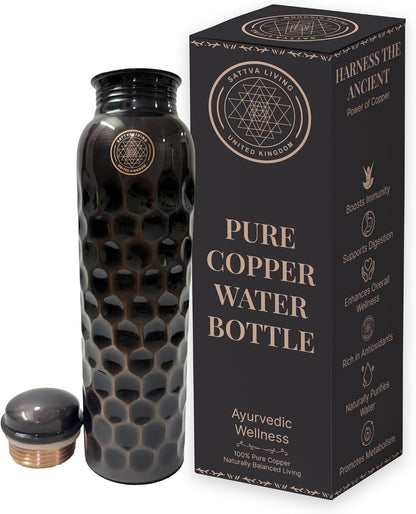Honeycomb Noir Pure Copper Water Bottle | 100% Genuine Copper | Diamond-Cut Honeycomb Texture | Black Antique Finish | Ayurvedic Wellness | 1 Litre