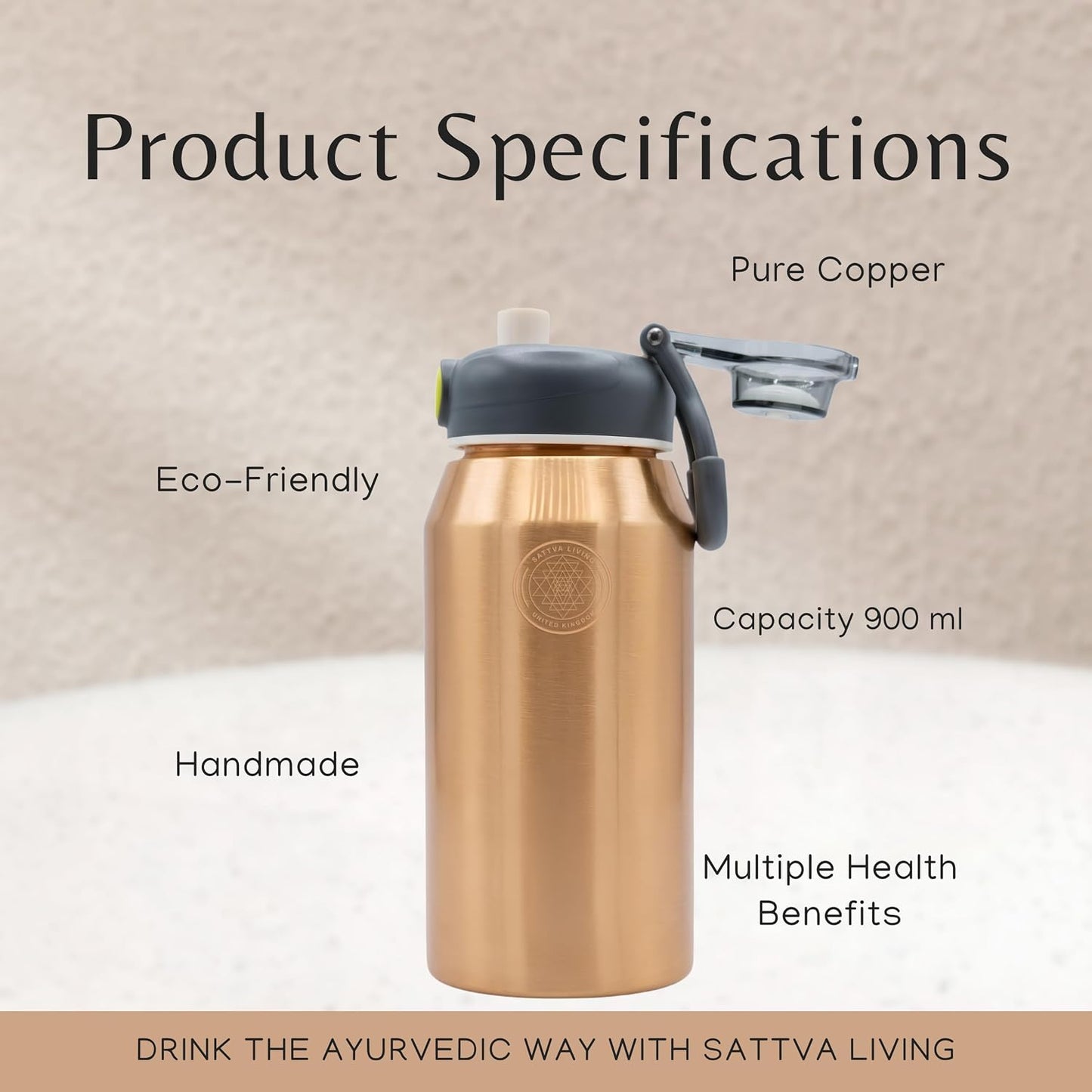 Hydra Active Pure Copper Bottle | 100% Genuine Copper | Sleek Polished Finish | Sports Flip-Cap | Ayurvedic Wellness | 900 ml