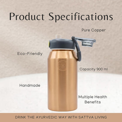 Hydra Active Pure Copper Bottle | 100% Genuine Copper | Sleek Polished Finish | Sports Flip-Cap | Ayurvedic Wellness | 900 ml