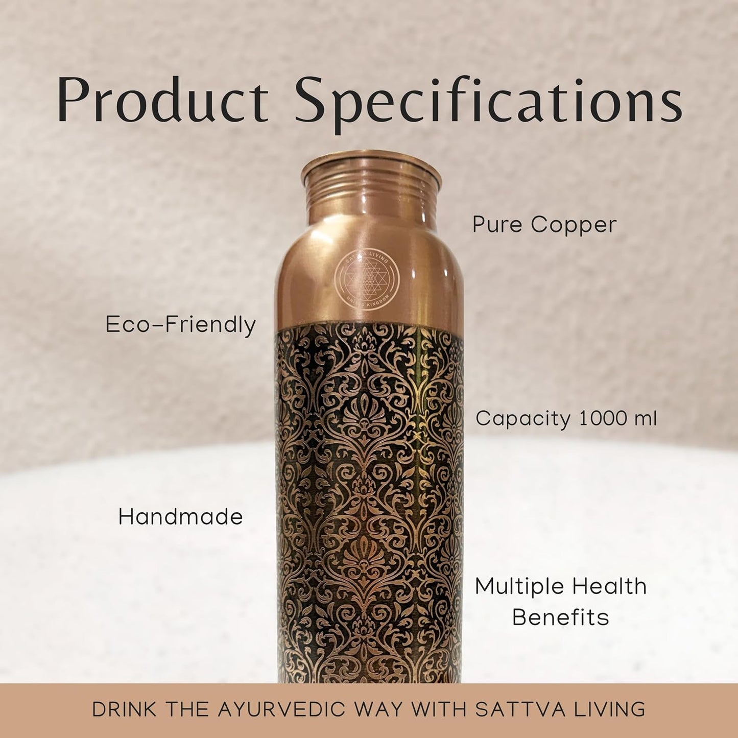 Royal Filigree Pure Copper Water Bottle | 100% Genuine Copper | Ornate Engraved Design | Leak-Proof Screw Cap | Ayurvedic Wellness | 1 Litre