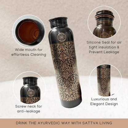 Pure Copper Water Bottle – 100% Genuine Copper | Vintage Noir | Leak-Proof Screw Cap | Ayurvedic Wellness | 1 Litre