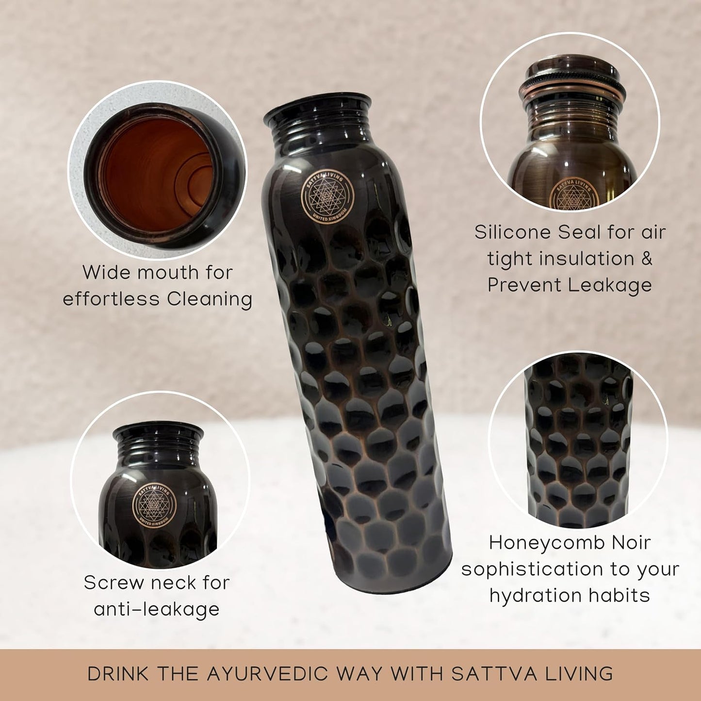 Honeycomb Noir Pure Copper Water Bottle | 100% Genuine Copper | Diamond-Cut Honeycomb Texture | Black Antique Finish | Ayurvedic Wellness | 1 Litre