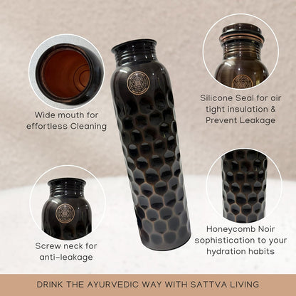 Honeycomb Noir Pure Copper Water Bottle | 100% Genuine Copper | Diamond-Cut Honeycomb Texture | Black Antique Finish | Ayurvedic Wellness | 1 Litre