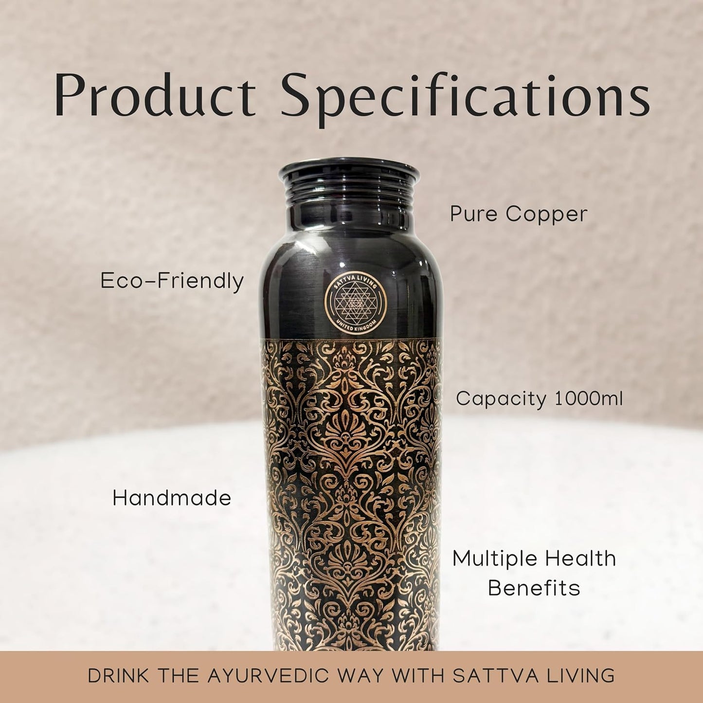 Pure Copper Water Bottle – 100% Genuine Copper | Vintage Noir | Leak-Proof Screw Cap | Ayurvedic Wellness | 1 Litre