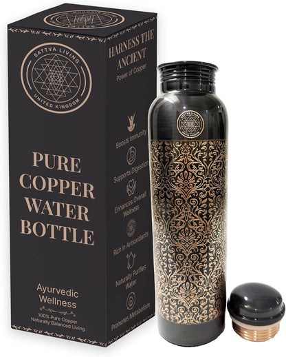 Pure Copper Water Bottle – 100% Genuine Copper | Vintage Noir | Leak-Proof Screw Cap | Ayurvedic Wellness | 1 Litre
