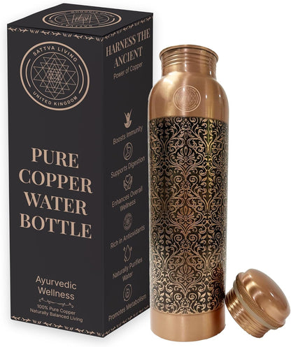 Royal Filigree Pure Copper Water Bottle | 100% Genuine Copper | Ornate Engraved Design | Leak-Proof Screw Cap | Ayurvedic Wellness | 1 Litre