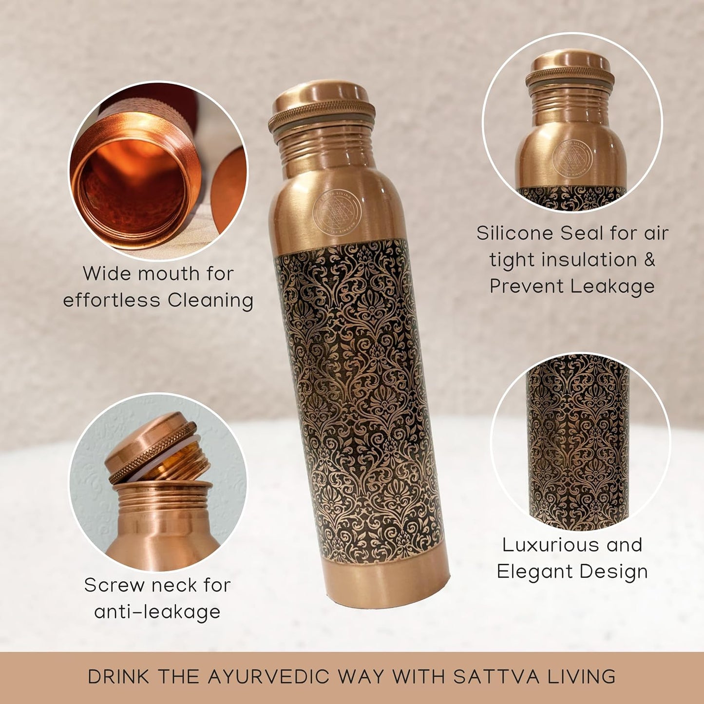 Royal Filigree Pure Copper Water Bottle | 100% Genuine Copper | Ornate Engraved Design | Leak-Proof Screw Cap | Ayurvedic Wellness | 1 Litre