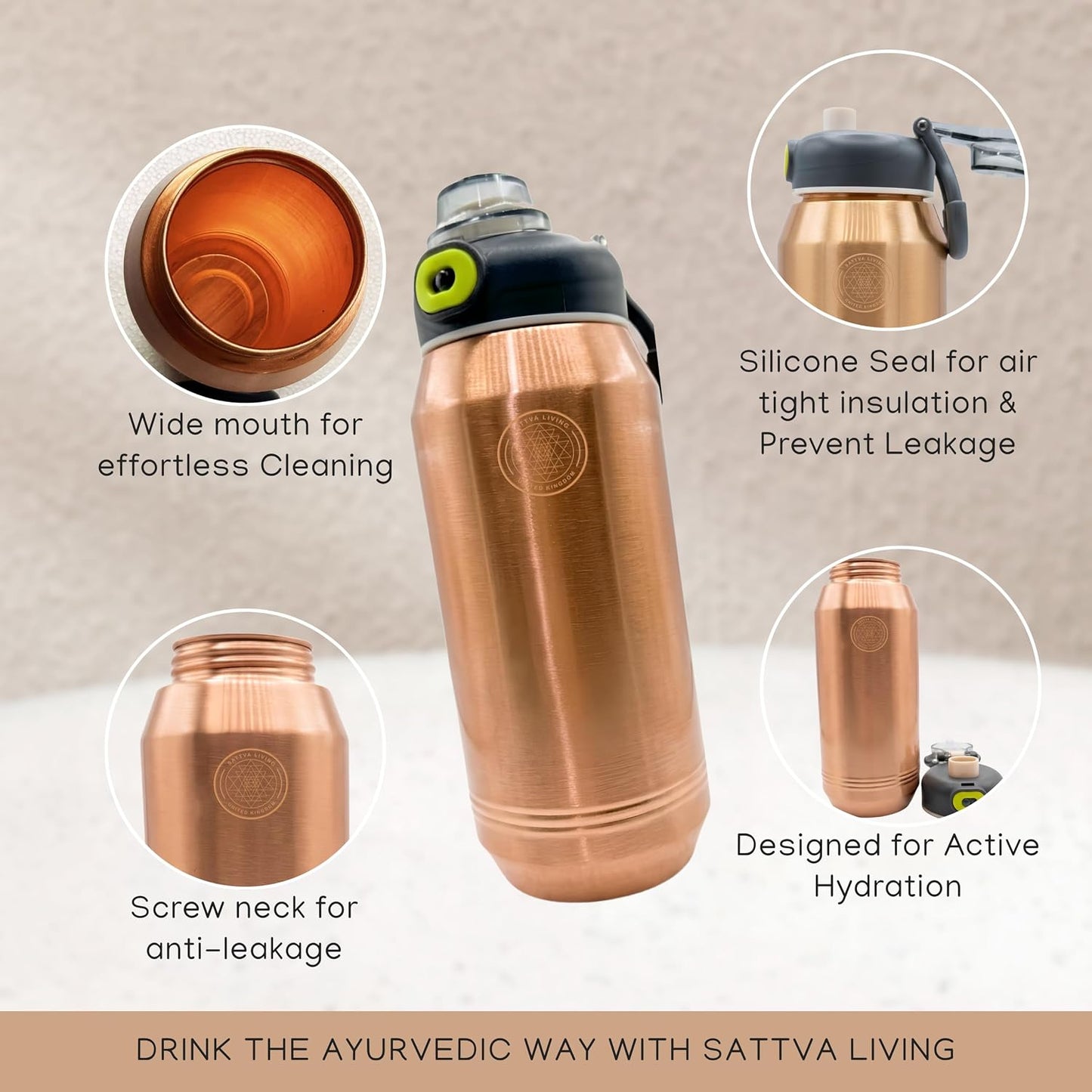 Hydra Active Pure Copper Bottle | 100% Genuine Copper | Sleek Polished Finish | Sports Flip-Cap | Ayurvedic Wellness | 900 ml