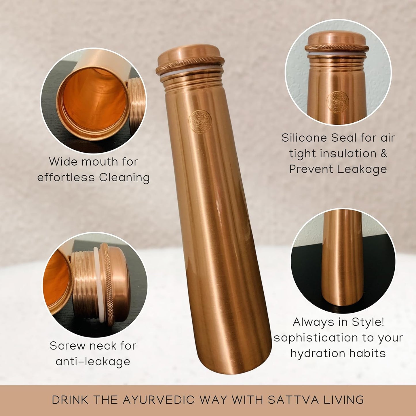 Pure Copper Water Bottle | 100% Genuine Copper | Always in Style - Smooth Polished Finish | Leak-Proof Screw Cap | Ayurvedic Wellness | 1 Litre