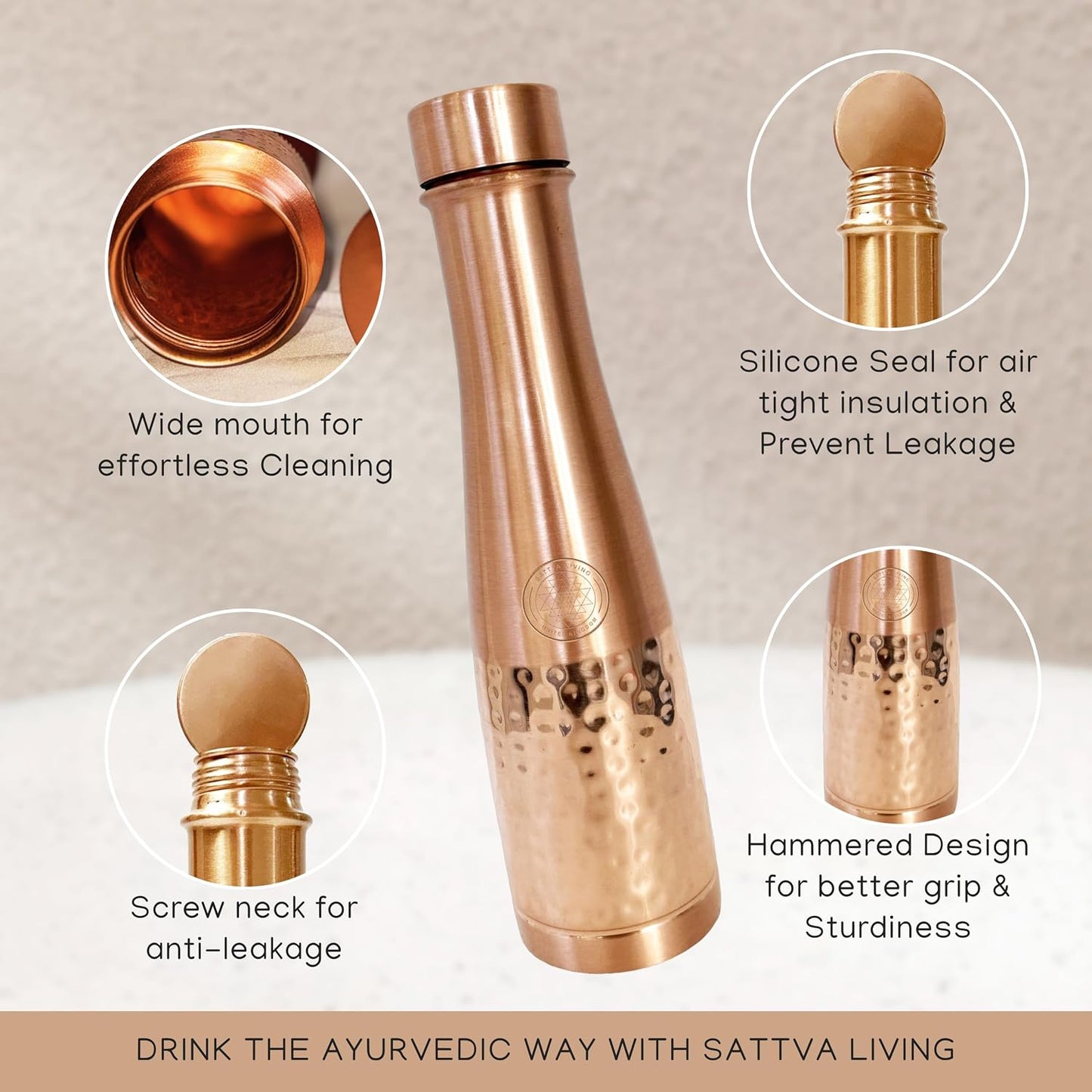 Aqua Modada Hammered Pure Copper Water Bottle | 100% Genuine Copper | Hammered Finish | Leak-Proof Screw Cap | Ayurvedic Wellness | 800 ml