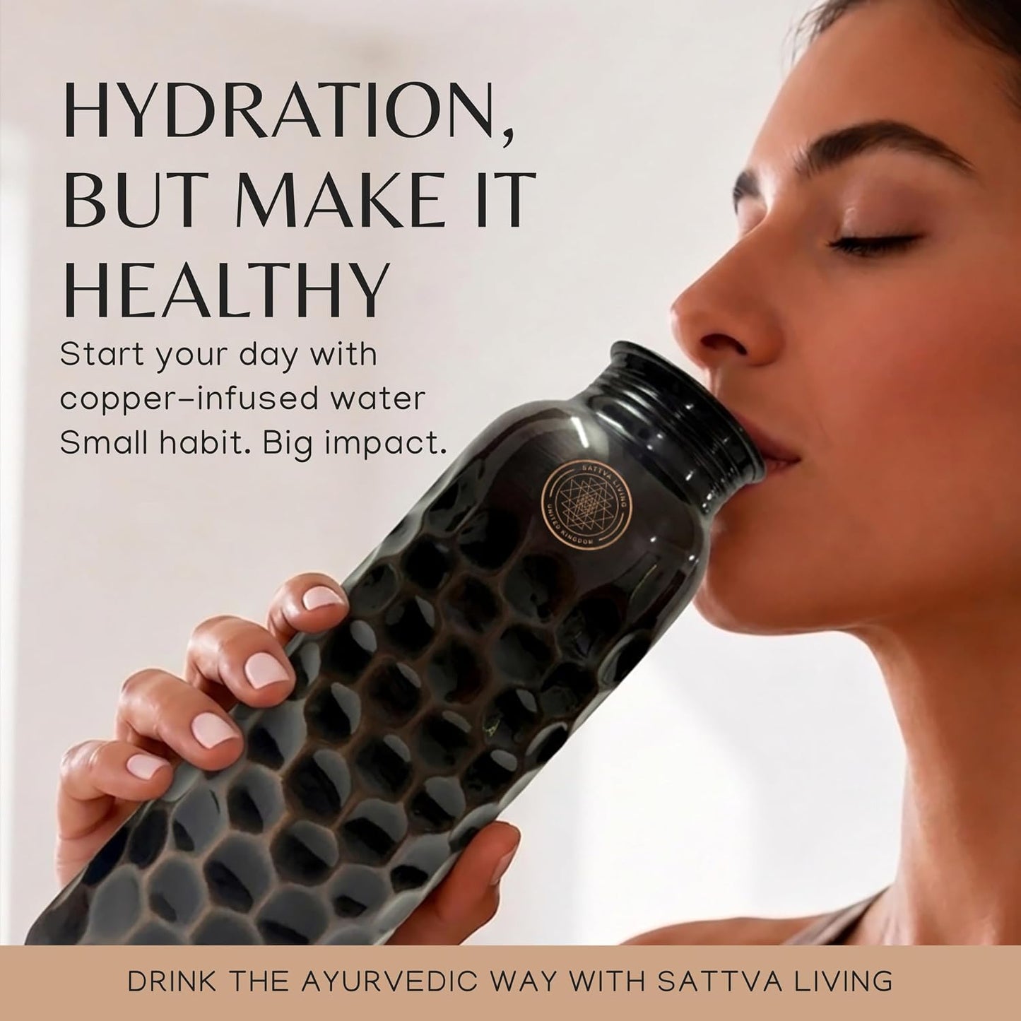 Honeycomb Noir Pure Copper Water Bottle | 100% Genuine Copper | Diamond-Cut Honeycomb Texture | Black Antique Finish | Ayurvedic Wellness | 1 Litre