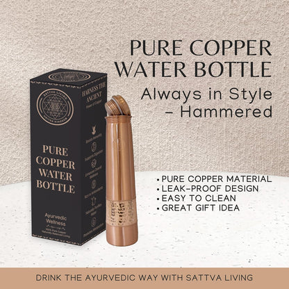 Pure Copper Water Bottle | 100% Genuine Copper | Always in Style - Hammered Finish | Leak-Proof Screw Cap | Ayurvedic Wellness | 1 Litre