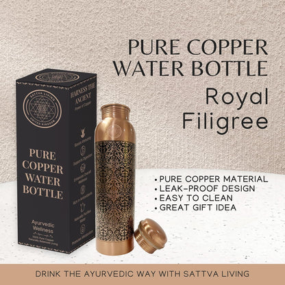 Royal Filigree Pure Copper Water Bottle | 100% Genuine Copper | Ornate Engraved Design | Leak-Proof Screw Cap | Ayurvedic Wellness | 1 Litre