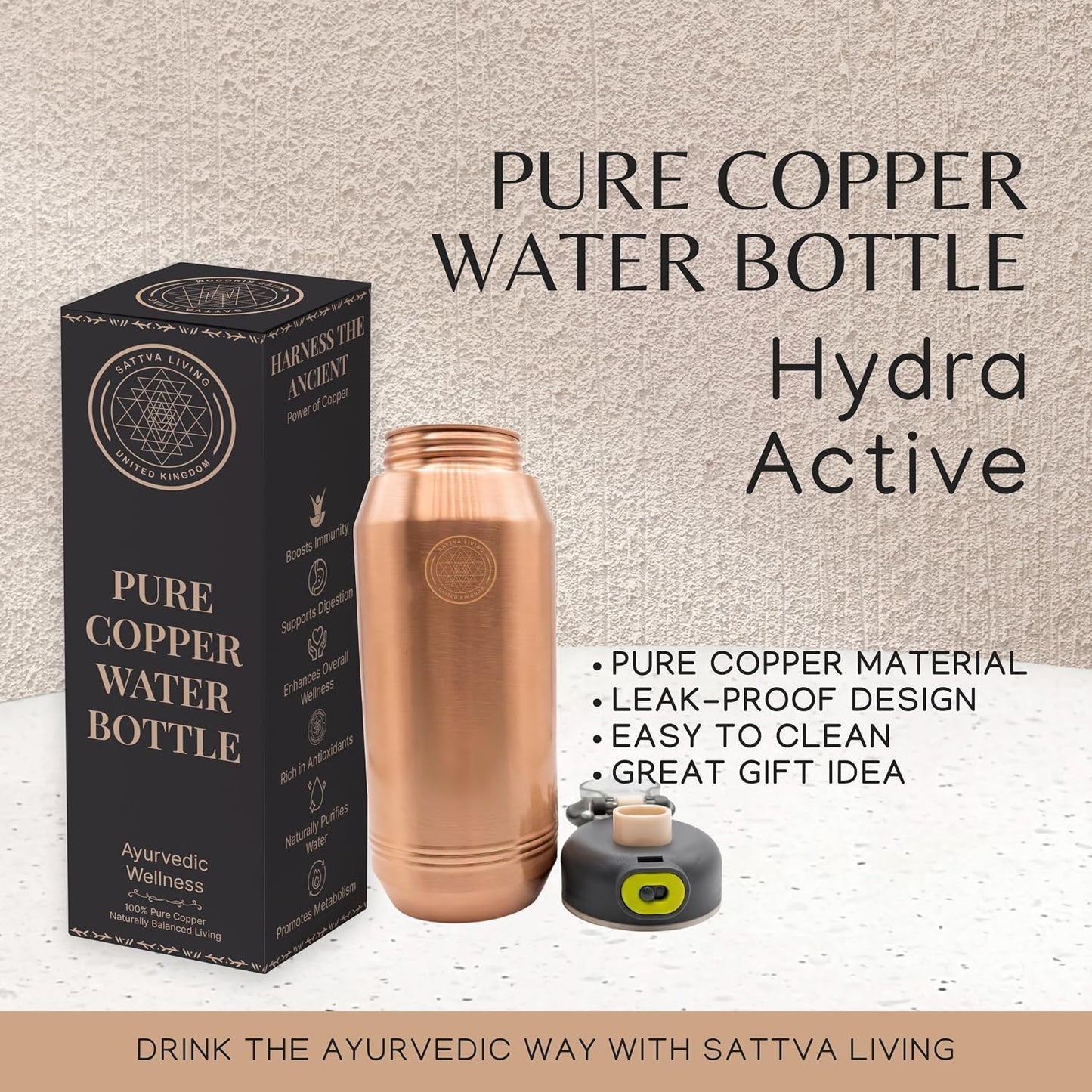 Hydra Active Pure Copper Bottle | 100% Genuine Copper | Sleek Polished Finish | Sports Flip-Cap | Ayurvedic Wellness | 900 ml