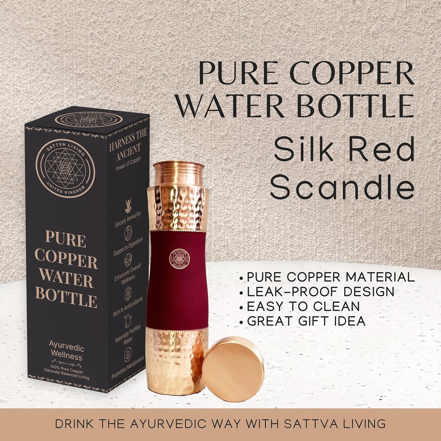 Pure Copper Water Bottle | 100% Genuine Copper | Silk Red Scandle