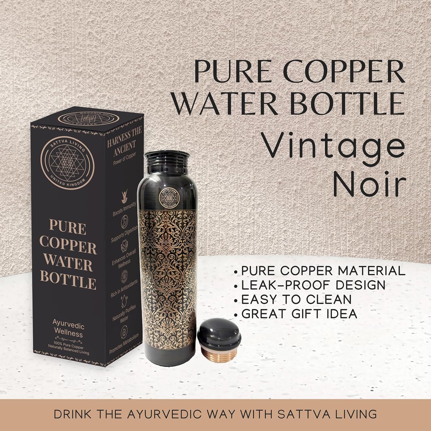 Pure Copper Water Bottle – 100% Genuine Copper | Vintage Noir | Leak-Proof Screw Cap | Ayurvedic Wellness | 1 Litre