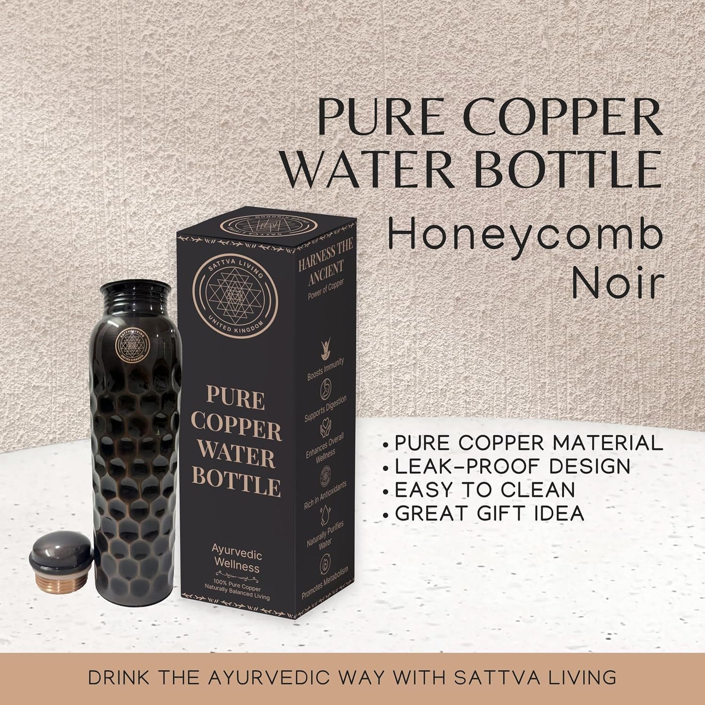 Honeycomb Noir Pure Copper Water Bottle | 100% Genuine Copper | Diamond-Cut Honeycomb Texture | Black Antique Finish | Ayurvedic Wellness | 1 Litre
